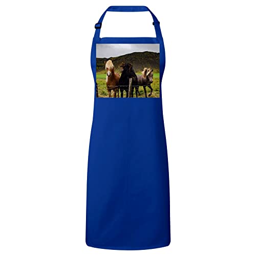 Tablier de cuisine bleu motif chevaux au pré en coton premium