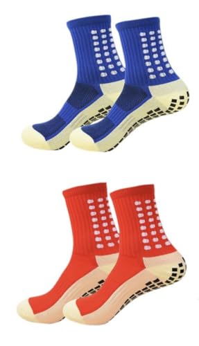 Non-Slip Athletic Crew Socks, Red and Navy Blue, 2 Pairs