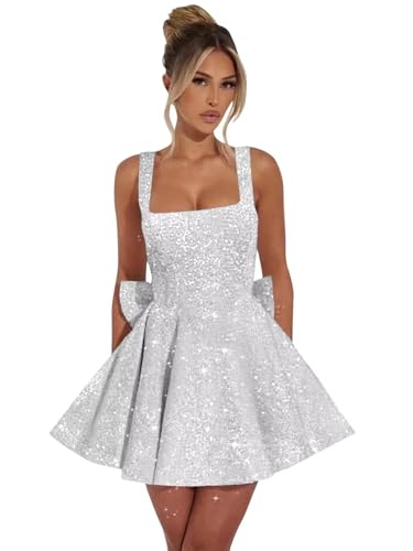Bow Homecoming Dresses Short Square Neck Cocktail Dresses Sequin Sparkly Prom Dress for Teens