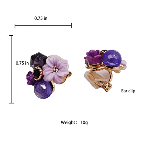 Abalone Ear Clip Earrings Women's Gold Retro Lightweight Crystal Fashion Temperament Acrylic Girl Purple Flower Ear Clip #TOP1