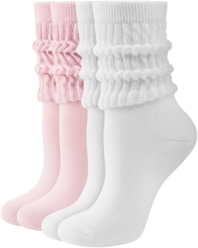 HONGTEYA Slouchy Crew Socks for Women Soft Scrunch Socks Cute Fashion Retro for Boot Sneakers Size 5-11 (US Alpha One Size Regular Tall 2pairs White/Pink)