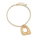 PLOUTOS Statement Modern Geometric Hollow Square Pendant Rope Chain Necklace for Women Bold Fashion Layering Collarbone Jewelry Party Wear Accessory (Gold)