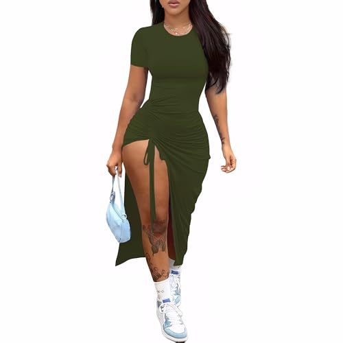 Image of Nimsruc Women Sexy Summer Dresses Short Sleeve Thigh-high Slit Ruched Bodycon Maxi Club Cocktail Party Dress