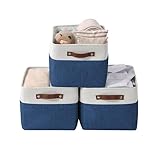 DECOMOMO Storage Baskets for Shelves - Fabric Storage Bins, Linen Closet Organizers and Storage (Navy Blue & White, Large - 3 Pack)