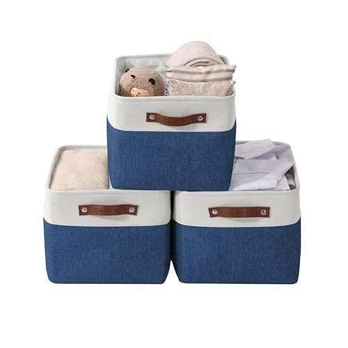 DECOMOMO Storage Baskets for Shelves - Fabric Storage Bins, Linen Closet Organizers and Storage (Navy Blue & White, Large - 3 Pack)