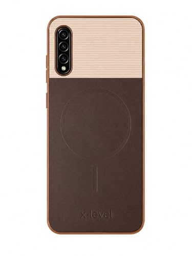 Image of Bintage Mac Safe Design Hard Slim Back Case | Soft Border Camera Protect | Dual PU Leather Finish Back Cover Compatible for Samsung Galaxy A50s 4G - White & Cherry Brown