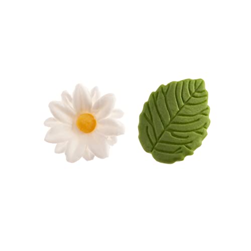 Dekora - Caja de Flores de Azucar con 7 Margaritas Blancas y 5 Hojas Verdes - Figuras Comestibles para Tartas - Decoracion Tarta Cumpleaños de Azúcar