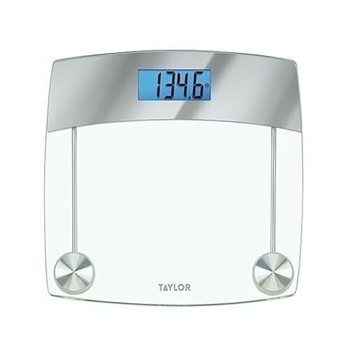 Image of Taylor Digital Scales for Body Weight, Extra High 440 LB Capacity, Unique Blue LCD, Stainless Steel Accents Glass Platform, 12.4 x 12.4 Inches, Clear