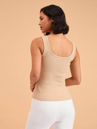 Image of barcino Beige Ribbed Square Neck Tank Top