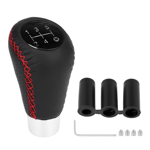 QWORK® Pomo de palanca de cambios universal de 5 velocidades, fabricado en cuero, con adaptadores de 8 mm, 10 mm, 12 mm y 14 mm.