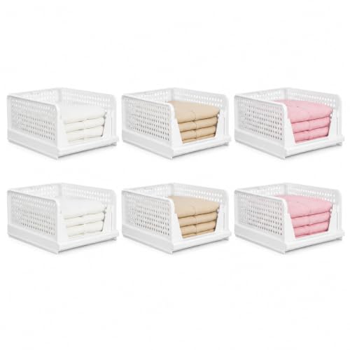 Image of MARKWELL 6 Layer Stackable Wardrobe Organizer for Clothes, Foldable Plastic Sliding Drawer Basket, Closet & Cupboard Storage for Shirts, Sarees, Towels & Toys, White, 44 x 33 x 19 cm