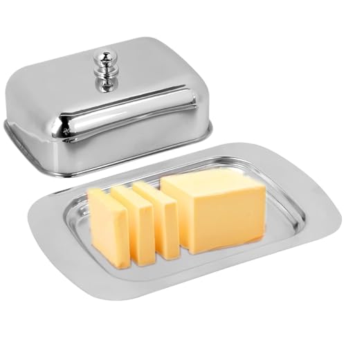 Agatige Beurrier Avec Couvercle Inox, 19x12.5x4.2CM Argent Conteneur À Beurrier Traditionnel Avec Poignée Ergonomique Beurriers Inox Boîte À Beurre En Inox...