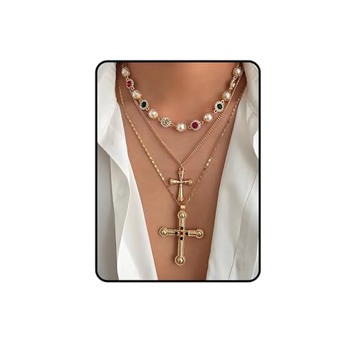 Gold Layered Cross Necklace Set For Women, Vintage Pearl Beaded Choker Colorful Rhinestone Crystal Statement Adjustable Chain Necklaces Holiday Anniversary Birthday Jewelry Gift