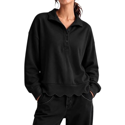 Womens Oversized Sweatshirts with Scalloped Hem Button Henley Collar Tops - image 1