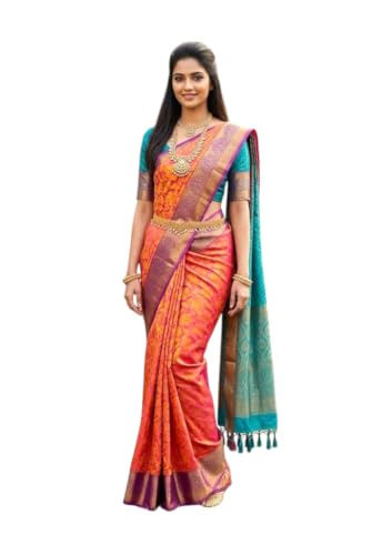 Image of VFCollections Women's Traditional Handloom Kanchipuram Silk Saree | Rich Zari Woven Design | Unstitched Blouse Piece