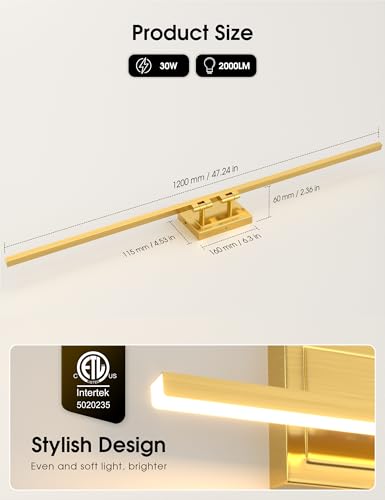Image of VOLISUN Bathroom Vanity Light 48 inch, 30W Dimmable 5CCT Led Bathroom Light Fixture Over Mirror, Gold Bar Vanity Light for Bathrooms-ETL Certificated