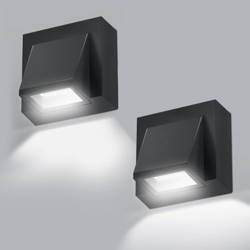 Comely 2 Pack Aplique Pared Exterior Impermeable IP65, 5W COB Aluminio Lámpara de Pared Moderna, 6000K Luz Blanca Fría Lampara Pared Exterior LED para Terraza Jardin Balcón Garaje, Negro