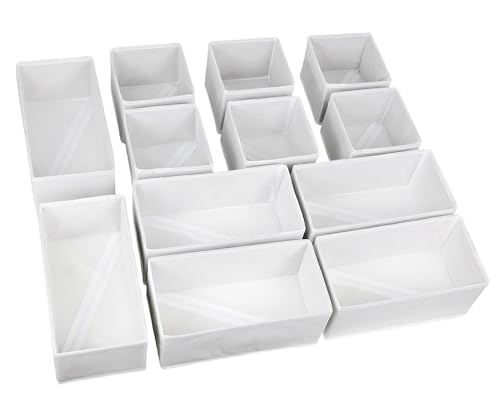 Image of Fordonral Set of 12 Drawer Organizer, Fabric Closet Organizer and Storage Baskets,Foldable Drawer Divider for Clothing,Sock,Ties,Underwear Drawer Organizers,Set of Cabinet Storage Boxes (White)