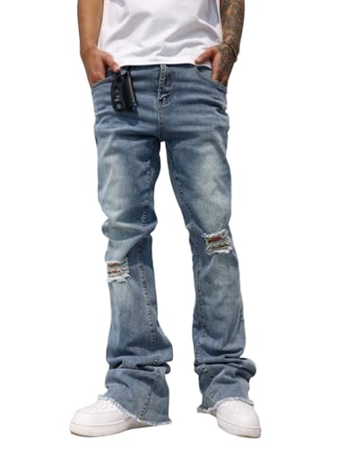 Men's Slim Fit Ripped Distressed Denim Jeans with Frayed Hem Knee Details Stretch Comfort Casual Streetwear Pants