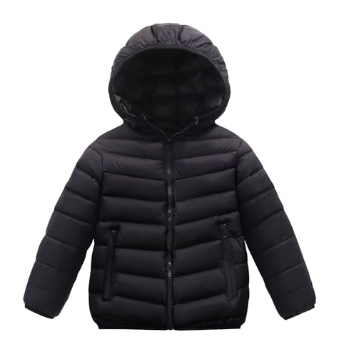 SEAUR Chaqueta acolchada ligera de invierno para niños, casual, cálida, con capucha, plegable, resistente al viento, con cremallera, 7-16 años, Negro, 13-14 años