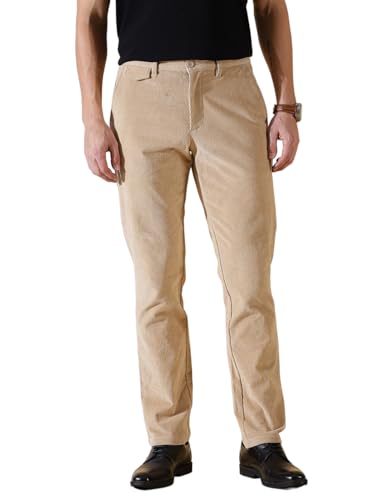 Image of Thomas Scott Men Beige Smart Slim Fit Easy Wash Corduroy Cotton Chinos (Size: 40)