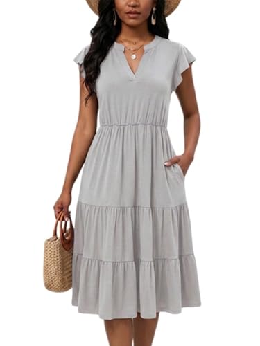 Image of Womens Summer Dress Ruffle Sleeve V Neck Midi Dresses Casual Fit Flowy Tiered Boho Beach Vacation Sundress