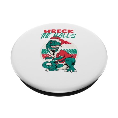 Wreck the Halls Trex in Santa Hat Christmas Retro Sunset PopSockets Swappable PopGrip, Black - Image 2