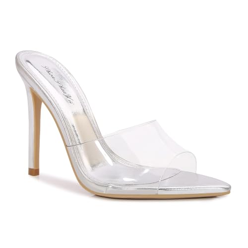 Image of Women Clear Pointed Toe Sandals Stiletto Heels Transparent Strap High Heels Slip on Mules for Women