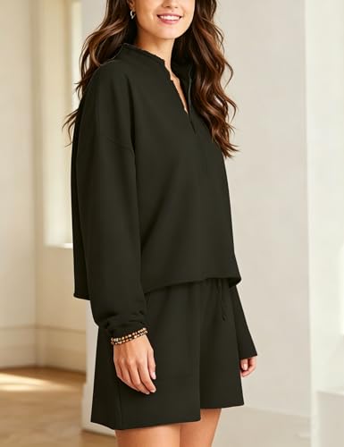 Image of Bozanly Two Piece Outfits for Women Trendy Long Sleeve Tops Shorts Set