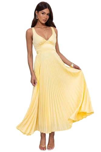 Pleated Satin Bridesmaid Dresses V Neck Cocktail Dress for Women A Line Maxi Formal Evening Gown WN048