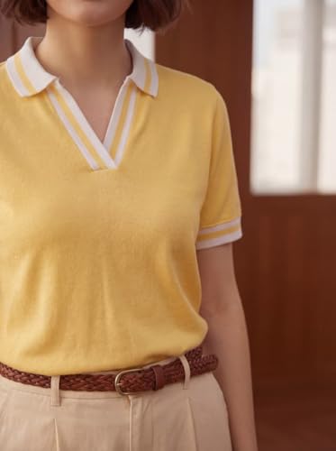 Image of FYLTR Women's Modern V-Neck Striper Collar Solid Polo T-Shirt - Contrast Tipping Details | Regular Fit | T-Shirts for Women | Open Placket