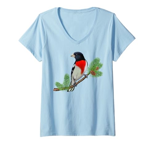 Women's Rose-Breasted Grosbeak On Branch Birder & Bird Lover Design V-Neck T-Shirt