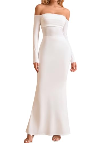 KUTUMAI Off Shoulder Tie Formal Wedding Guest Dresses for Women Fall Long Sleeve Bodycon Lace Up Maxi Dress