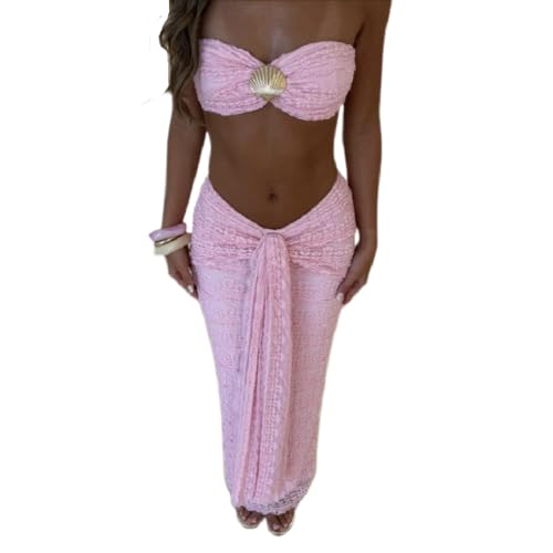 Womens Two Piece Skirts Set Outfits Strapless Bikini Top with Tie Up Ruffle Long Skirt 2Pcs Skirt Set 90s Beachwear