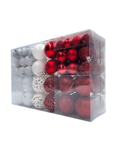 Kit C/100 Bolas de Natal Lisas/Foscas/Glitter + Ponteira (Vermelho e Branco)