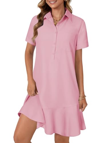 Image of OPOIPIN Women's Collared V Neck Stripe Short Sleeve Button UP Ruffle Hem Shirt Tunic Mini Dress