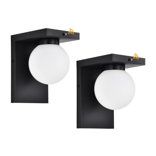 Image of LED Outdoor Wall Lights, Frosted Glass Globe Shade, Dusk to Dawn 12W 3000K Waterproof Outdoor Globe Lights, Modern Black Exterior Light Fixtures for Porch, Patio, Front Door, Garage, Hardwired, 2 Pack