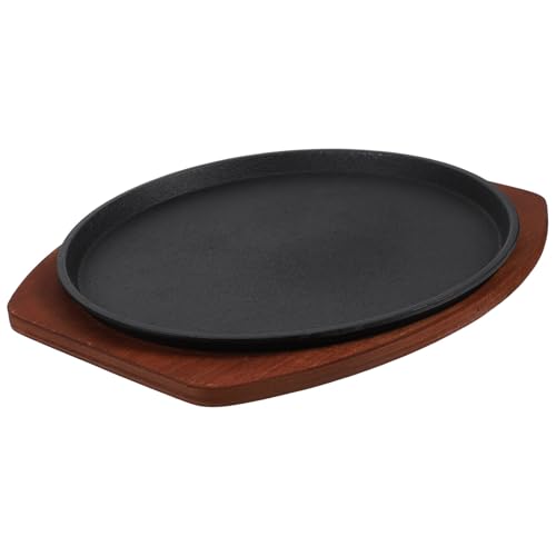 Toyvian Sartén para Bistec de Hierro Fundido de 25 Cm Base de Madera, Bandeja para Servir Caliente, Plancha para Parrilla y Barbacoa, Adecuado para Cocina y Uso en Estufa de Inducción