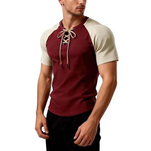 T-shirt d'été décontracté pour homme avec col à lacets en coton respirant style casual