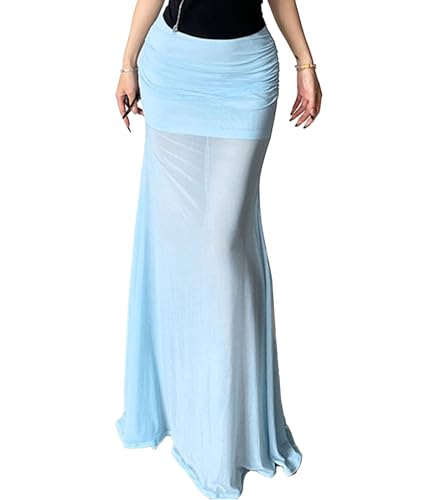 xxxiticat Women's Blue Maxi Skirt High Waist Sheer Mesh See Through Flared Hem Elegant Y2k Floor Length Mermaid Long Skirts