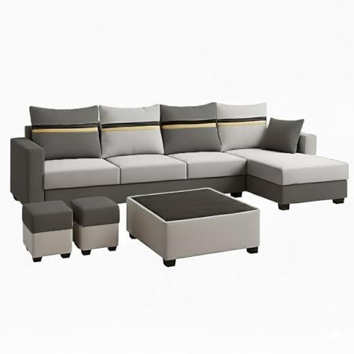 Image of CASASTYLE Wallis 8 Seater Fabric RHS L Shape Sofa Set with 1 Centre Table & 2 Puffy (Light Grey- Dark Grey) | Velvet Finish | Comfortable Sectional Sofa for Living Room