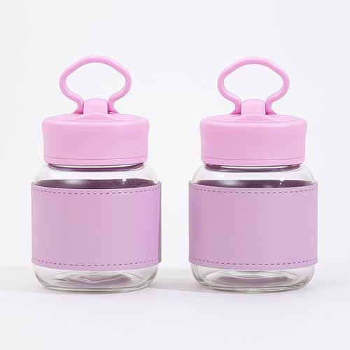 Image of Aesthetic Mobile Handle Water Bottle With Lather Sleeve 300 ML, Set Of 2 Reusable Coffee Mug Mini Portable Glass Sippy Cups for Juice, Milk, Iced Coffee & Kids, Leakproof Travel Bottles - MULTICOLOR