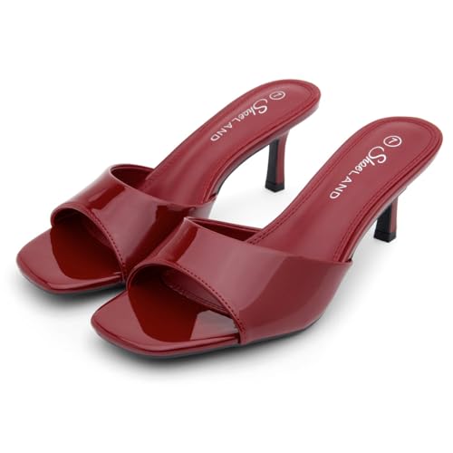 Image of Shoe Land Women's Low Heels Stiletto Heeled Slides, Open Toe One Band Slip-On Heeled Mules - Dressy Heeled Sandals for Prom, Party Wedding and Vacation