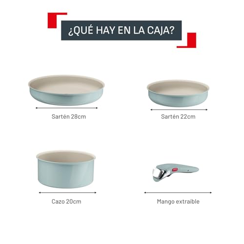 Miniatura 2 de Tefal Ingenio Serenity - Juego de 2 Sartenes 22/28 cm + Cazo 20 cm + Mango extraíble, Revestimiento Antiadherente, Apilable, Inducción, Apto lavavajillas y horno, Eucalipto