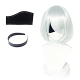 ZNTU 2b Wig and Blindfold Headband Short White Cosplay Wig Heat Resistant Synthetic Hair Wig With Bangs