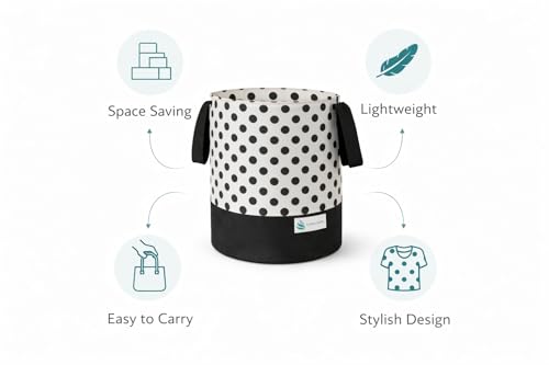 Image of 45L Foldable Laundry Bag with Handles | Durable Fabric Clothes Storage Basket for Home, Bathroom & Kids Room | Polka Dot Design (BLACK &0 PINK Combo)