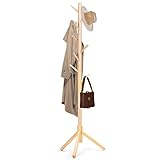 Freyawin Solid Wooden Coat Rack Freestanding, New Zealand Pine Coat Tree with 8 Hooks & 3 Adjustable Sizes for Coats, Hats, Handbags and Scarves, Space Saving for Entryway/Office/Bedroom (Nature)