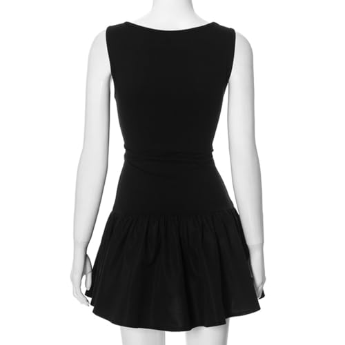 Image of Women Sexy Crew Neck Flared Ruffle Hem Mini Dress Summer Sleeveless Slim Fit Solid Flowy A-Line Short Dresses