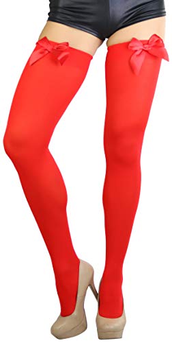 Image of ToBeInStyle Women's Opaque Long Thigh High Stockings w /Decorative Front Satin Bow