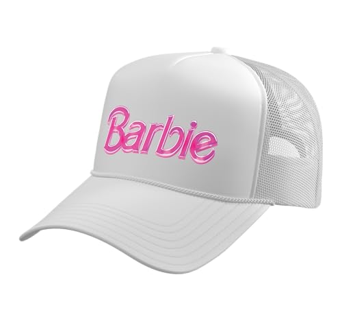 Barbie Pink Block Logo Trucker Hat with Adjustable Mesh Back White